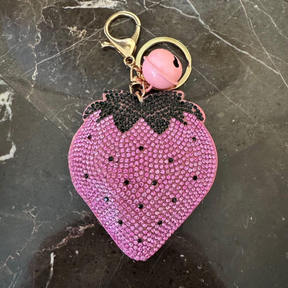 Pink Strawberry Rhinestone Keychain Purse Charm Gold Tone Crystal  Accessory